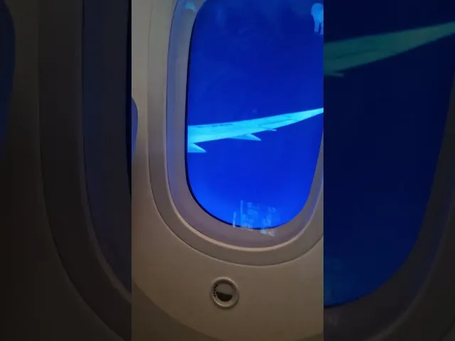 Airplane window view at night showing blue wing light and dark sky