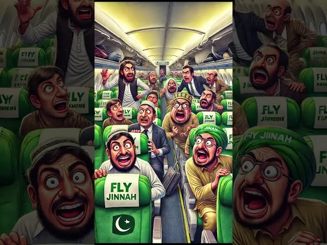Airplane cabin filled with animated cartoon passengers wearing green Fly Jinnah uniforms