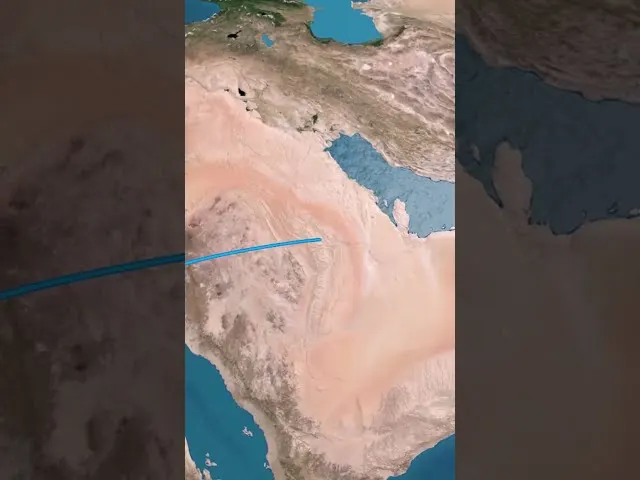 Aerial satellite map view of Saudi Arabia with flight path line marked
