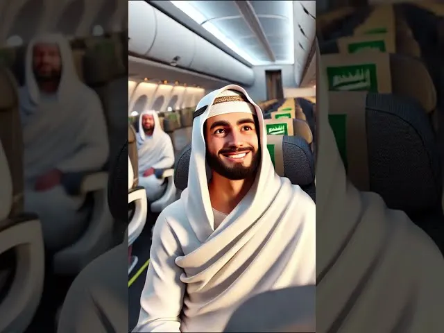 Man wearing white headscarf smiling on airplane cabin during flight