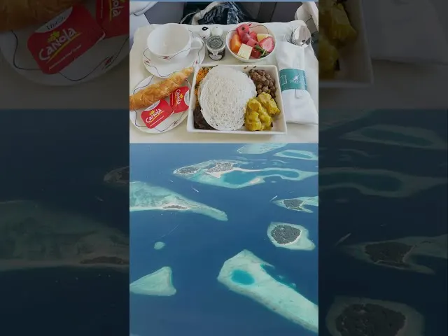 Airline meal tray with tropical fruits and islands aerial view below