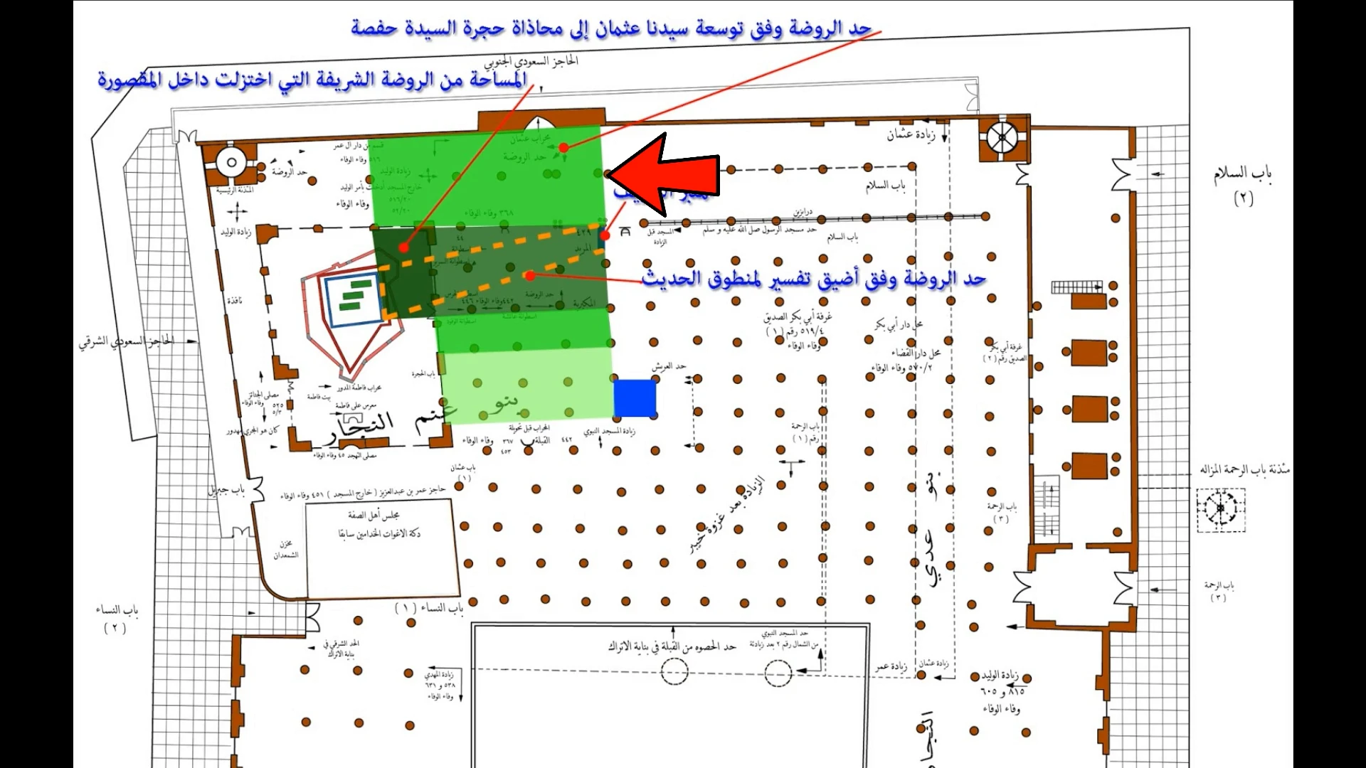 Annotated floor plan showing the exact boundaries of Riyadh ul Jannah inside Masjid Nabawi