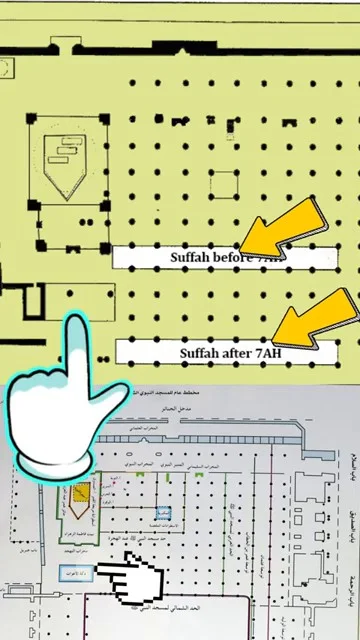 Historical map showing the actual location of Ashab al-Suffah before and after 7AH inside the original Masjid Nabawi