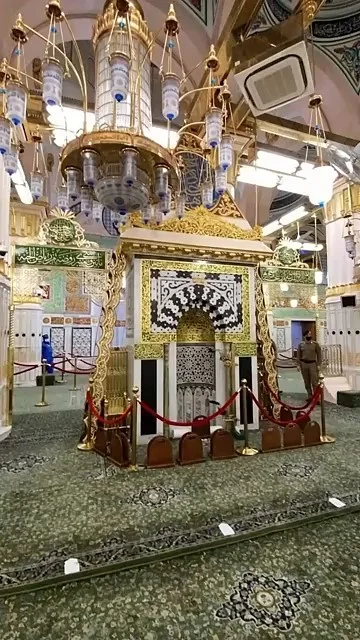 Mihrab and ornate golden pillars inside Riyadh ul Jannah, Masjid Nabawi, Madinah
