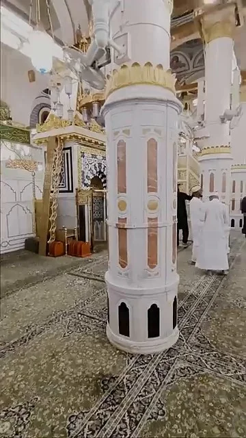 Inside Masjid Nabawi showing the columns and worshippers near Riyadh ul Jannah